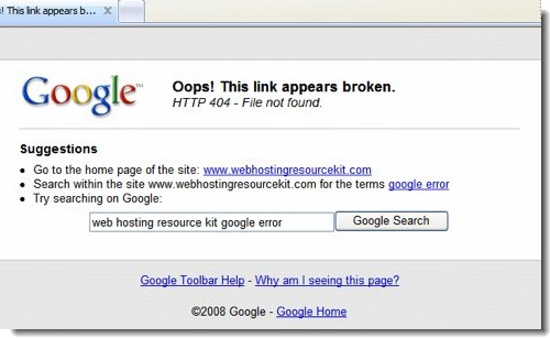 Google Toolbar neemt 404-pagina over
