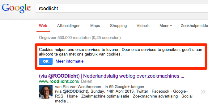 Cookiemelding op Google